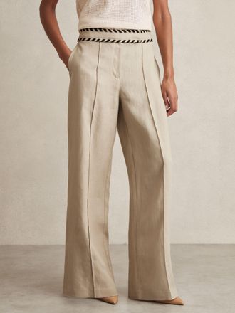 Reiss Neutral Petite Linen Wide-leg Whipstitch Trousers, 10