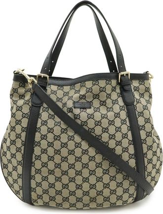 Gucci Beige Black Gg Canvas Leather Shoulder Bag Tote Bag (Pre-Owned)