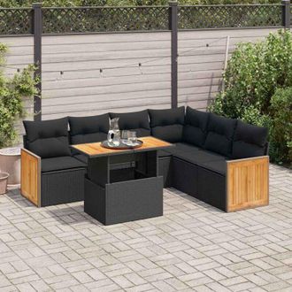 vidaXL Set Sof&aacute;s Jard&iacute;n Y Cojines 7 Pzas Rat&aacute;n Sint&eacute;tico Acacia Negro Vidaxl