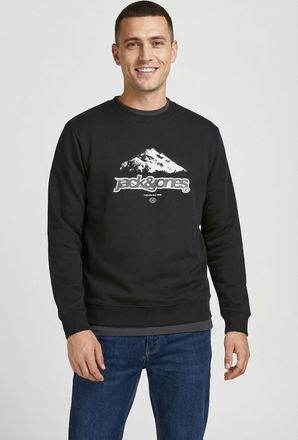Jack & Jones Kapuzensweatshirt JACK & JONES JCOFLARE FRONT PRINT SWEAT CREW NECK, Herren, Gr. XS, schwarz, angeraute Sweatware, Obermaterial: 70% Baumwolle, 30% Po