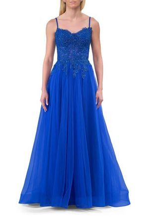 La Femme Lace and Tulle A-line Prom Dress with High Slit in Royal Blue at Nordstrom, Size 12