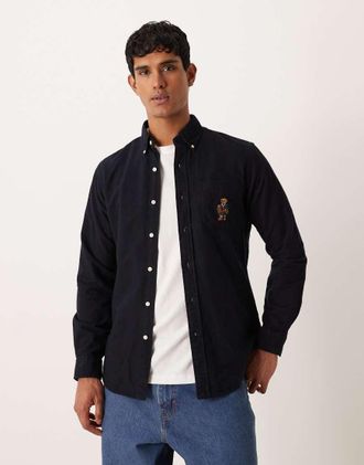 Polo Ralph Lauren Camicia Oxford custom fit nera spazzolata con logo dellorsetto-Nero