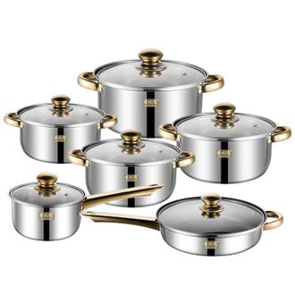 OEM Juego De Utensilios De Cocina De Acero Inoxidable De 12 Piezas Con Mangos Dorados, Que Incluye Una Sart&eacute;n Antiadherente Y Una Tetera (juego Dorado De 