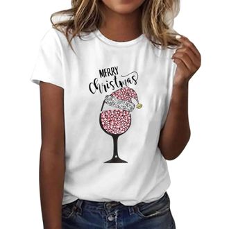 Generic Christmas Shirts Womens Tops UK Casual Short Sleeve Crew Neck Tunic Shirts Funny Xmas Tree Red Wine Glass Cow Print Blouse Dressy Trendy Lightweight H