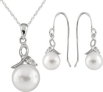 Splendid Pearls Rhodium Plated 7-7.5Mm Pearl & Cz Necklace & Earrings Set