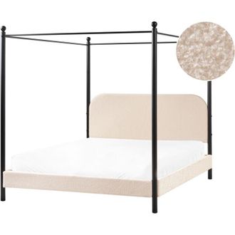 Beliani Cama Con Dosel De Metal Negro Retro Minimalista Somier De Listones Madera De &Aacute;lamo Tapicer&iacute;a De Boucl&eacute; Beige 160 X 200 Cm Dannemois