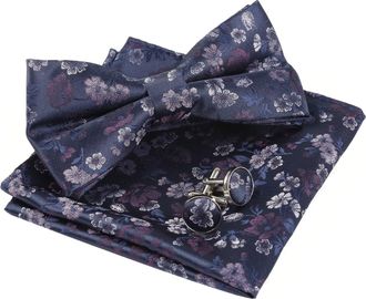 Alizeal Mens Floral Pattern Pre-tied Bow Tie, Pocket Square and Cufflinks Set, Navy+Purple