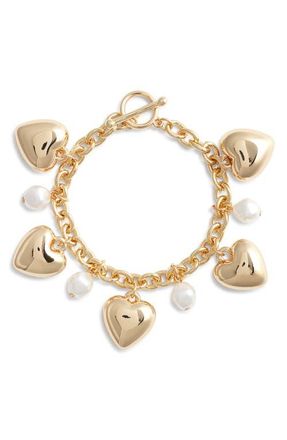Nordstrom Faux Pearl & Heart Charm Bracelet in White- Gold at Nordstrom