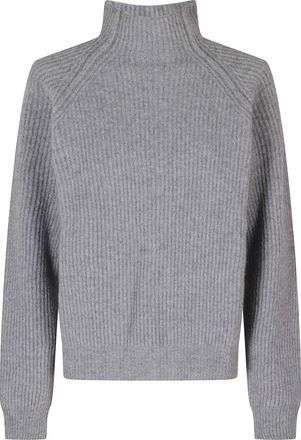 Federica Tosi Light Gray High Neck Ribbed Trim Wool-Blend Turtleneck