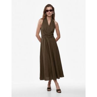 Koton Back Detail Halter Neck Belted Midi Linen Dress in Brown at Nordstrom, Size 10