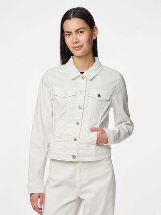 Pieces Jeansjacke PIECES PCOIA LS DNM JACKET BWHI NOOS BC, Damen, Gr. XL, weiss (hellwei&szlig;), Denim/Jeans, Obermaterial: 52% Baumwolle, 30% Polyester, 16% Visk