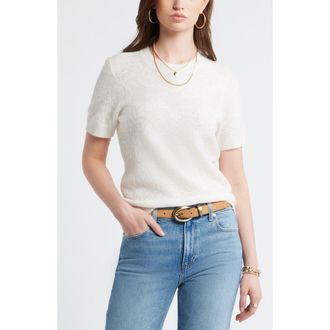 Treasure & Bond Floral Jacquard Short Sleeve Wool & Cashmere Sweater in Ivory Dove at Nordstrom, Size Xx-Small