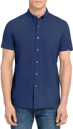 W.R.K Reworked Slim Fit Solid Short Sleeve Cotton Button-Down Shirt in Navy at Nordstrom, Size Xx-Large