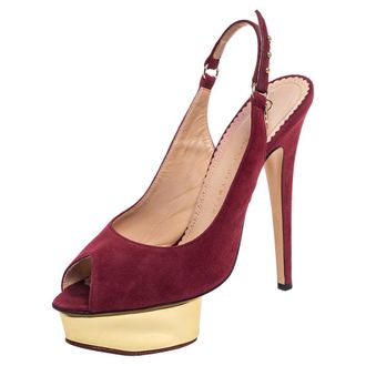 Charlotte Olympia Maroon Suede Slingback Peep Toe Platform Pumps
