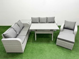 Fimous 8 Seater Poly Rattan Outdoor Garden Furniture Rectangular Dining Table Sofa Set Patio 3 Seater Sofa Reclining Chair 3 Seater Sofa Big