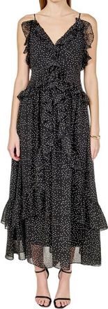 endless rose Dot Ruffle Sleeveless Maxi Dress in Black at Nordstrom, Size X-Small