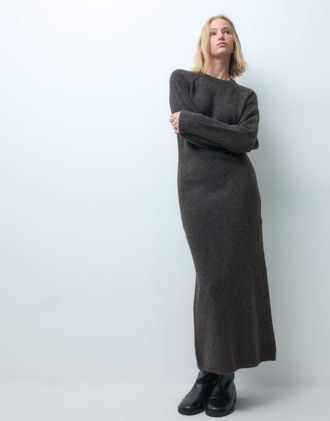 Vero Moda vestito lungo in maglia morbida con girocollo, grigio scuro-Marrone