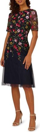 Adrianna Papell Floral Beaded Mesh Cocktail Dress in Navy Multi at Nordstrom, Size 14