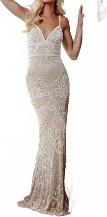 Jovani Beaded Fitted Gown In Nude White