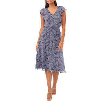 Chaus Paisley Smocked Waist Midi Dress in Navy/white at Nordstrom, Size X-Large