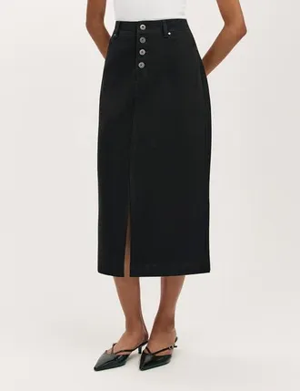 Finery Beth Cotton Button-Front Midi Skirt in Black at Nordstrom, Size 14