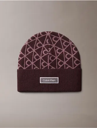 Calvin Klein Womens Allover Emblem Logo Wool Beanie - Purple - OS