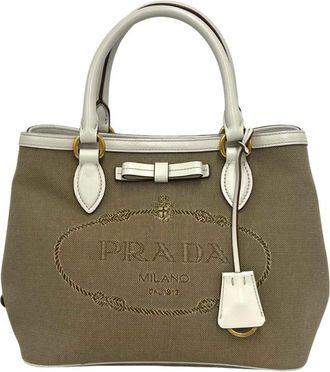 Prada Brown White Canvas Leather Boston Bag Handbag Tote Bag (Pre-Owned)