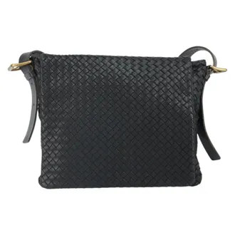 Bottega Veneta Square Flap Messenger Intrecciato Nappa Black Leather Handbag (Pre-Owned)