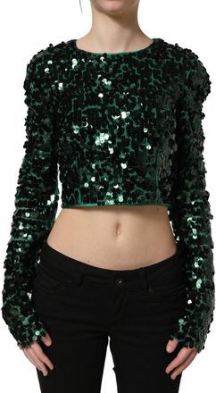 Dolce & Gabbana Womens Green Sequined Long Sleeves Crop Blouse Top Nylon