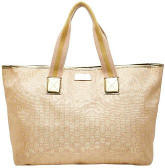 Gucci Beige Gold Canvas Leather Handbag Tote Bag (Pre-Owned)