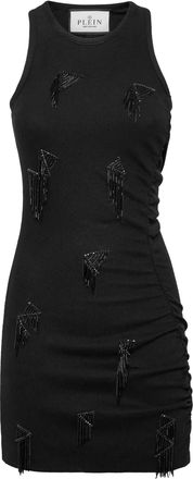 Philipp Plein Abito corto a coste con dettaglio a frange - Nero