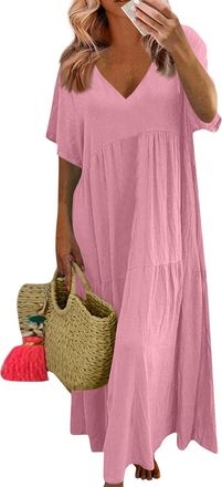 Generic Linen Maxi Dress for Women Summer Cotton Linen V-Neck Short Sleeve Baggy Outfits Oversized Boho Vacation Dresses