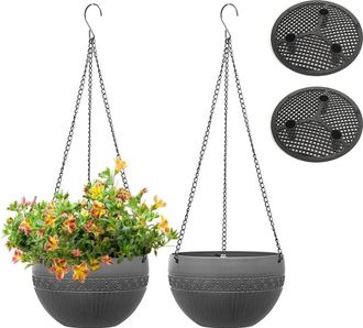 OEM Dos Macetas Colgantes Para Exteriores Con Cadenas Inoxidables, Riego Autom&aacute;tico Y Orificios De Drenaje En La Parte Inferior Color Gris, 21 Cm