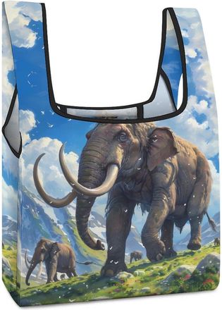 Generic Mammoth Family Oil Painting Shopping Bag Reusable Grocery Tote Bag Foldable Handbag for Travel Picnic