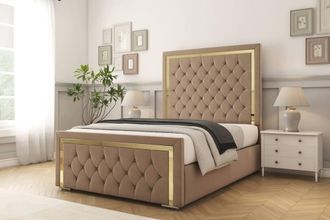 Comfort Beds Sofia Gold Plush Bed Frame - 50 Upholstered Headboard in Taupe | Size: Single