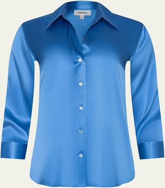L'agence Dani Silk Satin 3/4-Sleeve Button-Down Blouse