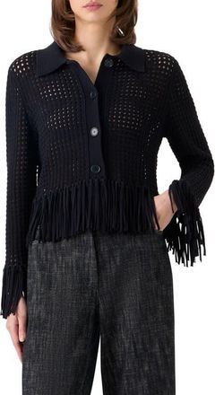 Akris Chunky Fringe Open Stitch Cotton Cardigan in Black at Nordstrom, Size 10