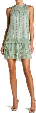 Mac Duggal Sleeveless Striped Sequin Tiered Ruffle Mini Dress in Sage at Nordstrom, Size 10