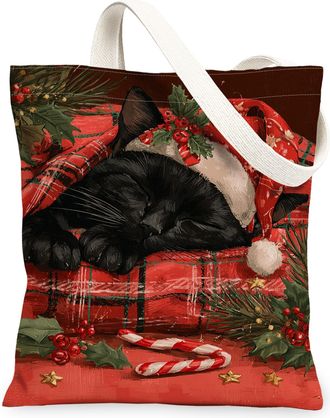 Generic Christmas Cat Canvas Tote Bags, Cozy Holiday Design Reusable Grocery Bags, Vintage Winter Lightweight Washable Shoulder Str, Red, 13x15 Inch