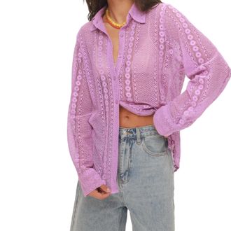 Generic Womens Lace Sheer Button Down Shirt - Long Sleeve Boho Cover Up Top for Vacation, Party & Daily Wear (Purple, S)