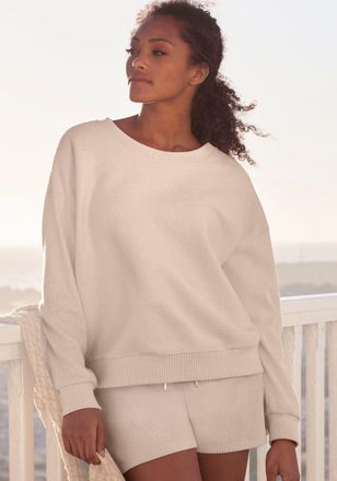 s.Oliver Sweatshirt S.OLIVER, Damen, Gr. 48/50, beige (creme), Rippware, Obermaterial: 100% Baumwolle, unifarben, Basic, bequem h&uuml;ftlang, Rundhals, Rippb&uuml;ndche