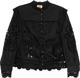 Farm Rio Richelieu Blouse met pofmouwen - Dames - Blouses - Zwart - M - Katoen - Overhemden
