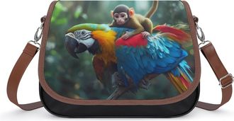 Generic Monkey Riding Macaw Parrot Crossbody Bag Womens Handbag PU Message Bags Shoulder Purse with Adjustable Strap