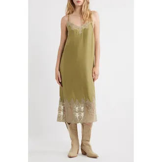 The Great. The Legacy Lace Detail Silk Slipdress in Light Olive/cream at Nordstrom, Size 2