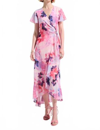 Joseph Ribkoff Printed Chiffon High Low Wrap Dress In Pink Multi