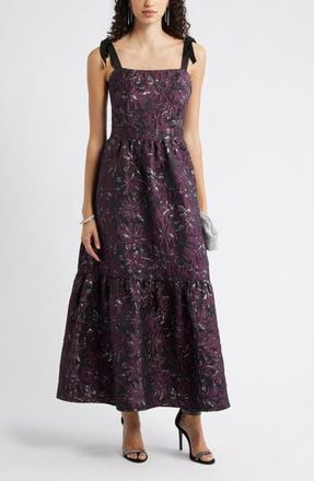 Chelsea28 Tiered Floral Brocade Tie Strap Maxi Dress in Purple Multi Floral Brocade at Nordstrom Rack, Size Medium