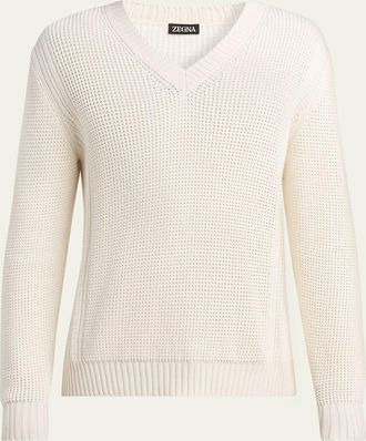 Ermenegildo Zegna Mens Cotton and Silk Knit V-Neck Sweater