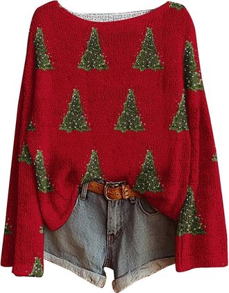 Generic Christmas Jumpers for Women Xmas Tree Print Ladies Xmas Tops Funny Christmas Sweater Boho Sweatshirt Pullover