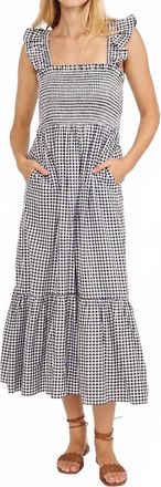 Marea Sasco Smocked Midi Dress In Navy Gingham