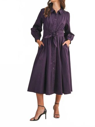 Merci Pintuck Waist Tie Front Midi Dress In Eggplant